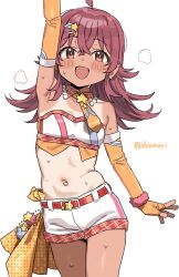 1girl ahoge arm_up armpits bandeau bare_shoulders belt blush breasts collar collarbone cowboy_shot detached_collar elbow_gloves fingerless_gloves gloves hair_between_eyes hair_ornament hairclip hot idolmaster idolmaster_shiny_colors komiya_kaho long_hair looking_at_viewer midriff navel necktie open_mouth orange_gloves orange_necktie overskirt pink_scrunchie plaid_clothes plaid_collar plaid_trim red_belt red_collar red_eyes red_hair red_trim scrunchie shisoneri shorts simple_background small_breasts smile solo star-shaped_buckle star_(symbol) star_hair_ornament star_ornament steam sweat tan tanline twitter_username white_background white_bandeau white_shorts wrist_scrunchie yellow_overskirt