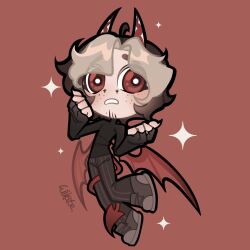 1boy beard_stubble black_gloves black_shirt blonde_hair bright_pupils brown_hair chibi clenched_hands commentary commission demon_boy demon_horns demon_tail demon_wings english_commentary eyes_visible_through_hair facial_hair fingerless_gloves floating freckles frown gloves grey_pants grey_shoes highres horns leg_up long_sleeves low_wings male_focus multicolored_hair multicolored_horns nervous open_mouth original pants parted_bangs red_background red_eyes red_horns red_tail red_wings shirt shoes short_hair signature simple_background sneakers solo sparkle striped_clothes striped_pants stubble tail tail_around_own_leg teeth turtleneck turtleneck_shirt two-tone_hair two-tone_horns vertical-striped_clothes vertical-striped_pants white_horns white_pupils wikate wings