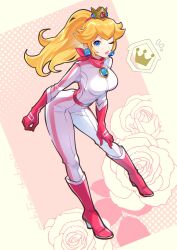 Rule 34 | 1girl, bandana, biker clothes, biker peach, bikesuit, blonde hair, blue eyes, bodysuit, boots, breasts, closed mouth, crown, earrings, gloves, highres, jewelry, large breasts, long hair, looking at viewer, mario (series), mario kart, mario kart world, nintendo, official alternate costume, one eye closed, pink bandana, pink bodysuit, pink gloves, pink lips, pink scarf, ponytail, princess peach, racing suit, rakugakifuyu, scarf, smile, solo, sphere earrings