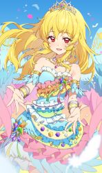 1girl :d aikatsu! aikatsu!_(series) bare_shoulders blonde_hair blue_background blue_dress blue_sleeves blush bracelet commentary detached_sleeves dolldolldd dot_nose dress earrings fake_wings floating_hair frilled_dress frills gradient_background green_dress highres hoshimiya_ichigo idol idol_clothes jewelry long_hair medium_dress multicolored_dress necklace open_mouth orange_background pink_dress red_eyes sleeveless sleeveless_dress smile solo spread_fingers straight_hair tiara wings yellow_background yellow_dress