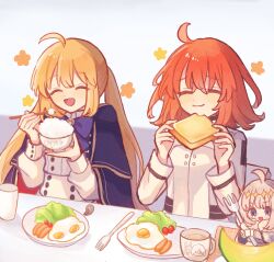 1boy 2girls :d ^_^ ahoge artoria_caster_(fate) artoria_caster_(second_ascension)_(fate) artoria_pendragon_(fate) blonde_hair blue_bow blue_cape blue_eyes bow bowl bowtie bread bread_slice breakfast cameo cantaloupe cape cherry_tomato chopsticks closed_eyes closed_mouth commentary cup dress eating egg_(food) fate/grand_order fate_(series) flower food fork fou_(fate) fried_egg fruit fujimaru_ritsuka_(female) fujimaru_ritsuka_(female)_(decisive_battle_chaldea_uniform) grey_hair hair_between_eyes highres holding holding_chopsticks holding_fork koromo_(osakana0525) lettuce long_hair long_sleeves mash_kyrielight medium_hair melon mini_person miniboy mug multiple_girls oberon_(fate) open_mouth orange_hair plate rice rice_bowl sausage short_hair sitting smile table toast tomato twintails white_dress