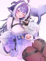 1girl animal_ears bandaid bandaid_on_face bandaid_on_nose black_gloves breasts cetacean_tail chest_harness cleavage clothing_cutout fingerless_gloves fins fish_tail fur-trimmed_jacket fur_trim gloves harness heart heart-shaped_pupils heart_cutout highres iinkpea indie_virtual_youtuber jacket large_breasts long_hair long_sleeves multicolored_hair open_mouth orca_girl pantyhose pink_pupils pleated_skirt purple_eyes purple_hair purple_jacket purple_skirt shylily skirt smile solo streaked_hair symbol-shaped_pupils tail twitter_username v virtual_youtuber white_hair