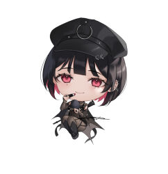 Rule 34 | 1girl, applying lipstick, applying makeup, armpit cutout, assault rifle, black bodysuit, black hair, black nails, blush, bodysuit, boots, chibi, closed mouth, clothing cutout, colored inner hair, commentary request, cosmetics, full body, gun, hat, holding, holding lipstick tube, lipstick tube, looking at viewer, m16, mark under both eyes, mhru, military uniform, multicolored hair, original, paid reward available, pink eyes, pink hair, police hat, red lips, rifle, serina (mhru), short hair, simple background, smile, solo, spiked ear piercing, weapon, white background