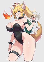 Rule 34 | 1girl, bare shoulders, black collar, black leotard, black nails, blonde hair, blue eyes, bowsette, bracelet, breasts, cleavage, collar, covered navel, earrings, fingernails, fire, grey background, highres, horns, jewelry, kamidan, large breasts, leotard, lizard tail, looking at viewer, mario (series), medium hair, nail polish, new super mario bros. u deluxe, nintendo, pointy ears, sharp teeth, simple background, smile, solo, sphere earrings, spiked bracelet, spiked collar, spikes, strapless, strapless leotard, super crown, tail, teeth, thick thighs, thigh strap, thighs, white horns