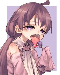 1girl candy food long_tongue looking_at_viewer purple_eyes sharp_teeth tagme teeth tongue tsukuyomi_ai voiceroid yunuki_uta