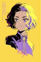 1boy amethio_(pokemon) closed_mouth collared_shirt commentary_request cropped_shoulders goopon highres looking_to_the_side male_focus multicolored_hair nintendo pokemon pokemon_(anime) pokemon_horizons purple_eyes purple_shirt shirt short_hair signature simple_background solo split_mouth two-tone_hair yellow_background