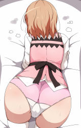 1girl absurdres all_fours ass back_bow bed_sheet bow cameltoe commentary_request facing_away from_behind gochuumon_wa_usagi_desu_ka? highres hoto_cocoa long_sleeves orange_hair panties partially_visible_vulva pink_panties pink_vest rabbit_house_uniform riyo_(aokiwazumi) shirt short_hair solo sweat thighhighs thighs underwear vest white_shirt white_thighhighs