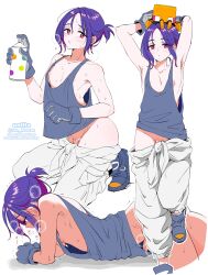 1boy absurdres arms_up artist_name blue_hair blue_tank_top blush breath commentary_request english_text gloves gundam gundam_gquuuuuux highres holding_spray_can kneeling male_focus multicolored_hair multiple_views nagano_rira nipple_slip nipples nose_blush pants parted_lips penis penis_slip ponytail purple_hair red_eyes robot shoes short_ponytail shuji_ito simple_background sleeveless spray_can sweat tank_top trap trembling twitter_username white_background white_pants
