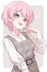 1girl alternate_hair_length alternate_hairstyle bang_dream! bang_dream!_it&#039;s_mygo!!!!! blush border chihaya_anon collarbone commentary dress e20 fang grey_background grey_eyes heart highres jewelry looking_at_viewer necklace open_mouth outside_border pinafore_dress pink_hair plaid_clothes plaid_dress shirt short_hair skin_fang sleeveless sleeveless_dress solo three-quarter_sleeves white_border white_shirt