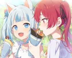Rule 34 | 2girls, absurdres, animal ears, black ribbon, blue eyes, blue hair, blue nails, blunt bangs, blurry, blurry background, blush, cat ears, cookie, cream, cream on face, crepe, day, dice hair ornament, dot nose, earrings, egg (food), fingernails, fish, food, food on face, frilled sleeves, frills, gawr gura, gawr gura (casual), grey hair, hair ornament, hair ribbon, hardboiled egg, heart, heart earrings, highres, holding, holding crepe, holding food, hololive, hololive english, houshou marine, jewelry, kamaboko, long hair, looking at viewer, misyune, multicolored hair, multiple girls, nail polish, narutomaki, noodles, official alternate costume, open mouth, outdoors, profile, red eyes, red hair, ribbon, romaji commentary, sharp teeth, shinkiro (hololive), shirt, short sleeves, side ponytail, sidelocks, smile, streaked hair, sunlight, suspenders, teeth, twintails, virtual youtuber, white shirt