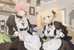 1boy 1girl a_pi ahoge apron bilibili_581334 black_bow black_bowtie black_dress blonde_hair blue_eyes bow bowtie breasts c_chan_(vtuber) cafe chinese_commentary cleavage coffee_maker commentary_request commission crossdressing dress food frills hair_between_eyes hair_bow hand_on_own_hip highres hime_cut holding holding_food indie_virtual_youtuber long_bangs long_hair long_sleeves looking_at_another maid maid_apron maid_headdress male_maid omelet omurice open_mouth pink_hair pulling_own_clothes red_eyes second-party_source smile standing teeth twintails very_long_hair wrist_cuffs