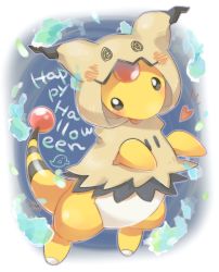 ampharos blush commentary_request cosplay creatures_(company) game_freak gen_2_pokemon gen_7_pokemon halloween halloween_costume happy_halloween heart hood hood_up looking_at_viewer mimikyu mimikyu_(cosplay) nintendo no_humans pokemon pokemon_(creature) signature solo tansho tongue tongue_out