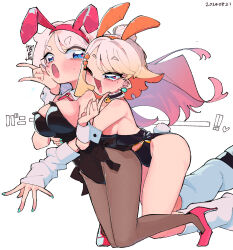 2girls arm_warmers black_leotard blue_eyes blush breasts choker cleavage dated detached_collar earrings fishnet_pantyhose fishnets frilled_choker frills furokawa_tsukasa gradient_hair hair_ornament hairclip heart high_heels highres jewelry leg_warmers leotard long_hair medium_breasts multicolored_hair multiple_girls one_eye_closed open_mouth orange_hair osananajimi_wo_erabenai! pantyhose pink_hair pink_shoes playboy_bunny rabbit_tail shoes short_hair sideboob simple_background strapless strapless_leotard tail white_background white_hair wrist_cuffs zipper zipper_pull_tab