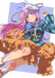 1girl aqua_shirt blue_bow blue_fire blue_shirt bow breasts bright_pupils empty_eyes expressionless fire floating fox_mask full_body gradient_eyes gyouza_(mhea5724) hata_no_kokoro highres lap legs long_hair long_sleeves looking_to_the_side mask mask_on_head medium_breasts multicolored_eyes orange_skirt pink_hair plaid_clothes plaid_shirt shirt skirt skirt_cutout solo star_(symbol) touhou white_footwear