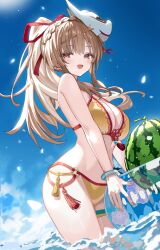 1girl absurdres artist_request beach braid breasts brown_hair food fox_mask fruit heaven_burns_red highres kiryuu_miya large_breasts long_hair mask official_art ponytail red_eyes second-party_source swim_ring swimsuit thigh_strap water watermelon