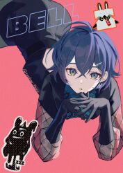 1girl bangboo_(zenless_zone_zero) belle_(zenless_zone_zero) belt black_belt black_dress black_gloves blue_eyes blue_hair character_name dress elbow_gloves gloves highres hinatsu lace_trim long_sleeves looking_at_viewer pink_background short_hair simple_background solo twitter_username zzz