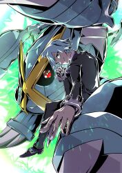 1boy absurdres alternate_color black_jacket black_pants black_sclera black_suit blue_eyes colored_sclera formal_clothes gen_3_pokemon grey_hair highres jacket kakashino_kakato looking_at_viewer male_focus mega_metagross mega_pokemon metagross nintendo official_alternate_color pants pokemon pokemon_(creature) pokemon_oras red_eyes shiny_pokemon short_hair steven_stone suit