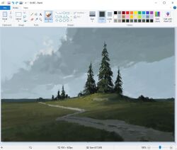 art_program_in_frame christian_young cloud cloudy_sky commentary dark_cloud dirt_road landscape microsoft_paint_(medium) microsoft_paint_(software) mountainous_horizon no_humans original outdoors painterly pine_tree road scenery screencap sky tree