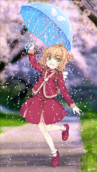 1girl backpack bag blush bobby_socks cardcaptor_sakura cherry_blossoms focke_wulf full_body green_eyes highres holding holding_umbrella jacket kinomoto_sakura looking_at_viewer open_mouth orange_hair outdoors photo_background short_hair skirt smile socks solo umbrella