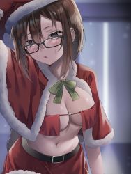 Rule 34 | 1girl, belly, bikini, bikini top only, blush, breasts, brown hair, christmas, commentary request, ear piercing, fate/grand order, fate (series), glasses, hair between eyes, hat, highres, large breasts, long hair, navel, piercing, santa bikini, santa costume, santa hat, skirt, solo, swimsuit, very long hair, yu mei-ren (fate), yu mei-ren (first ascension) (fate), yufou