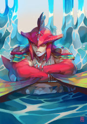 1boy absolum_art absurdres armor artist_logo biceps colored_skin feathers furry furry_male hat_feather highres logo looking_to_the_side lying male_focus mature_male muscular muscular_male nintendo red_skin rock shark_boy shoulder_armor shoulder_pads sidon solo teeth the_legend_of_zelda the_legend_of_zelda:_breath_of_the_wild upper_body water waterfall yellow_eyes zora