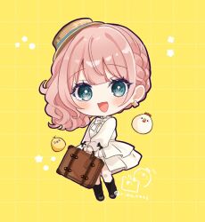 1girl :d animal bird black_shoes black_socks braid brown_hat chibi chick commentary_request dress green_eyes hat holding layered_dress long_sleeves looking_at_viewer open_mouth original pink_hair pleated_dress puffy_long_sleeves puffy_sleeves rino_cnc shoes simple_background sleeves_past_wrists smile socks solo suitcase tilted_headwear twitter_username white_dress yellow_background