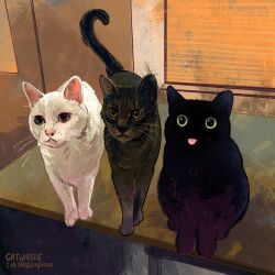 absurdres animal animal_focus artist_name black_cat cat catwheezie commentary dated english_commentary green_eyes grey_cat highres indoors looking_at_viewer no_humans original realistic sitting tongue tongue_out whiskers white_cat yellow_eyes