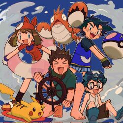 1girl 3boys :d ash_ketchum ball bandana barefoot black_eyes black_hair blue_eyes brock_(pokemon) brown_hair corphish fingerless_gloves full_body gen_1_pokemon gen_3_pokemon glasses gloves goggles goggles_on_head highres holding holding_swim_ring innertube master_ball max_(pokemon) may_(pokemon) multiple_boys nintendo open_mouth pikachu playing_sports poke_ball pokemon pokemon_(anime) pokemon_(creature) pokemon_rse_(anime) red_bandana red_shirt ship&#039;s_wheel shirt shorts sleeveless sleeveless_shirt smile swim_ring teeth twitter_username umebosibakari2 upper_teeth_only volleyball volleyball_(object) white_shirt