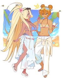 +++ 2girls :d @_@ absurdly_long_hair arm_at_side bare_arms bare_shoulders beach bikini blonde_hair blue-tinted_eyewear blue_bikini blue_sandals border bracelet breasts brown_eyes brown_hair cleavage clothes_around_waist coconut collarbone cookie_run cookie_run:_ovenbreak croissant_cookie cup dark-skinned_female dark_skin double-parted_bangs double_bun double_vertical_stripe dual_persona eye_contact eyebrows_hidden_by_hair eyewear_on_head face-to-face flower food fruit full_body goggles goggles_on_head hair_between_eyes hair_bun hair_flower hair_ornament hand_on_own_hip hand_up high_ponytail highres holding holding_cup holding_food holding_fruit humanization ice_cream jacket jacket_around_waist jewelry knees_apart_feet_together knees_together_feet_apart large_breasts long_hair looking_at_another micro_bikini multicolored_hair multiple_girls nail_polish ohta_guk_hip open_mouth orange_bikini outside_border palm_tree pants pearl_bracelet pink_flower platform_sandals polka_dot polka_dot_jacket polka_dot_sarong ponytail profile sandals sarong short_hair side-tie_bikini_bottom skindentation small_breasts smile standing standing_on_one_leg starfish stomach strawberry streaked_hair striped_bikini striped_clothes sunglasses sweat swimsuit tan tanline timekeeper_cookie tinted_eyewear toenail_polish toenails toes tongue tree two-tone_hair very_long_hair white_border white_nails white_pants white_sandals white_sarong yellow_eyes yellow_jacket