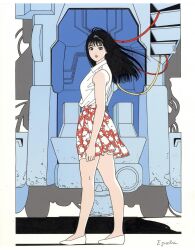 1990s_(style) 1girl bare_shoulders black_eyes black_hair breasts closed_mouth collared_shirt eguchi_hisashi flats from_side full_body highres long_hair looking_at_viewer looking_back mecha medium_breasts mihashi_haruko no_socks official_art print_skirt red_lips red_skirt retro_artstyle robot roujin_z science_fiction shirt shoes signature skirt sleeveless sleeveless_shirt solo white_shirt white_shoes