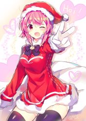 1girl bad_id bad_twitter_id black_thighhighs bow chaos;child female_focus gloves hat heart highres looking_at_viewer one_eye_closed onoe_serika pink_eyes pink_hair red_eyes rotte_(1109) santa_costume santa_gloves santa_hat short_hair_with_long_locks sidelocks smile solo thighhighs v zettai_ryouiki