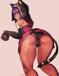 Rule 34 | 1girl, :3, alternate costume, animal hands, animal hood, ass, ass focus, bad id, bad pixiv id, bare shoulders, bent over, black panties, cameltoe, cat hood, cat paws, cat tail, dark-skinned female, dark skin, elbow gloves, female focus, gloves, green eyes, highres, hood, looking at viewer, looking back, menat, panties, partially visible vulva, pink background, purple hair, roropull, short hair, signature, simple background, skirt, solo, street fighter, street fighter v, tail, thighs, trefoil, underwear