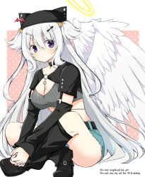 Rule 34 | 1girl, :/, angel, angel wings, animal ear headwear, arrow hair ornament, belt, black belt, black choker, black hat, black shoes, black socks, blue shorts, blush, breasts, chain, chain between breasts, choker, cleavage, closed mouth, collarbone, commentary request, convenient leg, crop top, crossed legs, detached sleeves, eyes visible through hair, fake animal ears, feathered wings, frown, full body, hair between eyes, hair ornament, halo, hat, highres, indian style, interlocked fingers, kneehighs, large breasts, long hair, long sleeves, looking at viewer, own hands together, pink background, polka dot, polka dot background, purple eyes, ren&#039;ai hajimemashite, shoes, short shorts, short sleeves, shorts, sidelocks, signature, simple background, sitting, socks, solo, star (symbol), star hair ornament, tenshi-chan (ren&#039;ai hajimemashite), two-tone background, two side up, usetsusakon2, v arms, very long hair, white background, white hair, white wings, wings, yellow halo