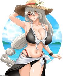 1girl absurdres alexandrina_sebastiane breasts grey_hair hair_between_eyes hand_up highres large_breasts long_hair looking_at_viewer red_eyes simple_background smile solo swimsuit thunder&#039;s_fist very_long_hair zenless_zone_zero
