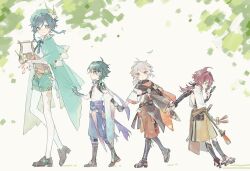 Rule 34 | 4boys, aged down, akzr 12, armor, bead necklace, beads, black hair, blue hair, braid, cape, closed mouth, flower, genshin impact, gloves, green eyes, green headwear, grey hair, hat, highres, holding, holding hands, holding instrument, instrument, japanese armor, japanese clothes, jewelry, kaedehara kazuha, kote, kurokote, leaf, leaf print, long sleeves, lyre, magnifying glass, male focus, multicolored hair, multiple boys, necklace, orange eyes, parted lips, ponytail, red eyes, red hair, shikanoin heizou, shoes, shorts, streaked hair, tassel, venti (genshin impact), vision (genshin impact), walking, white flower, xiao (genshin impact)