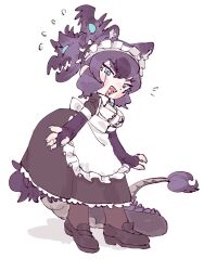 1girl alternate_costume alternate_hairstyle animal_ears apron back_bow black_dress black_hair black_pantyhose black_shoes black_sleeves blue_bow blue_bowtie blue_eyes blue_nails blush bow bowtie cerberus_(kemono_friends) collared_dress dog_ears dog_girl dress enmaided extra_ears fangs frilled_apron frilled_dress frills highres juliet_sleeves kemono_friends lizard_tail long_dress long_sleeves maid maid_apron maid_headdress multicolored_hair nail_polish open_mouth pantyhose puffy_sleeves purple_hair scar scar_across_eye scar_on_face shoes short_hair sleeves_past_wrists smile solo tail torento white_apron