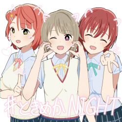 3girls arms_under_breasts blue_shirt blue_skirt brown_hair closed_eyes collared_shirt commentary_request drawn_whiskers emma_verde face_filter facing_viewer freckles green_eyes green_ribbon gyaru_v hair_between_eyes hair_bun hair_ornament hairclip hands_up looking_at_viewer love_live! love_live!_nijigasaki_high_school_idol_club multiple_girls nakasu_kasumi neck_ribbon nijigasaki_school_uniform one_eye_closed open_mouth pink_ribbon plaid_clothes plaid_skirt purple_eyes red_hair ribbon school_uniform shirt short_hair short_sleeves single_side_bun skirt summer_uniform swept_bangs translation_request uehara_ayumu upper_body v vest yellow_ribbon yellow_vest yozora1kawaii