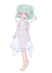 1girl barefoot breasts double_bun dress green_hair hair_bun hair_ornament highres hololive nipples pussy see-through_clothes see-through_dress short_hair simple_background skull_collar skull_hair_ornament small_breasts solo uruha_rushia user_hpek3435 virtual_youtuber white_background