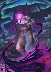 1girl 2024 absurdres alternate_costume arm_at_side arm_up aurora bare_legs blonde_hair boots borrowed_character breasts castle cloak commentary commission corset cross dark_star_(mario) dress elbow_gloves energy english_commentary euredaicy flag floating foreshortening forest gem gloves glowing gold_trim grey_shirt hair_over_one_eye highres hood hooded_cloak hoodie large_breasts locket_white_(bakalorin) long_sleeves looking_at_viewer magic mario_(series) nature night night_sky nintendo original outdoors pelvic_curtain puffy_long_sleeves puffy_sleeves railing red_gemstone serious shirt shy_gal side_slit sky stairs star_(sky) starry_sky swept_bangs thick_thighs thighs tree variant_set white_boots white_cloak white_dress white_gloves white_hoodie white_mask