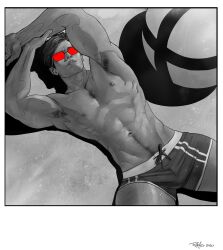 1boy abs armpit_hair armpits bara chest_hair commentary cyclops_(x-men) english_commentary greyscale highres lips lying male_focus male_swimwear marvel monochrome muscular muscular_male navel navel_hair nick_robles nipples on_back pectorals red-tinted_eyewear short_hair signature solo spot_color swim_briefs tinted_eyewear topless_male x-men