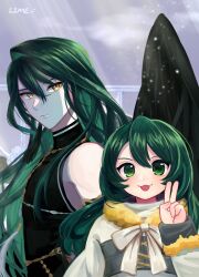 1girl coat green_eyes grey_hair highres hood lime_mitstyb long_hair long_sleeves looking_at_viewer mabinogi smile tanilliem_(mabinogi) v
