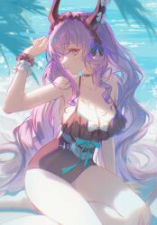 1girl absurdres arknights bare_arms bare_legs bilibili bingyuqin black_choker black_leotard breasts choker fake_horns highres horns large_breasts leotard long_hair looking_at_viewer ocean one-piece_swimsuit purple_eyes purple_hair ribbon solo swimsuit typhon_(arknights) typhon_(temperature_difference)_(arknights)