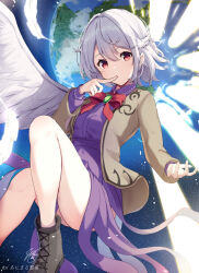 1girl angel_wings blush bow bowtie braid brown_jacket dress earth_(planet) feathered_wings grey_hair highres jacket kishin_sagume legacy_of_lunatic_kingdom long_sleeves looking_at_viewer niko_kusa planet purple_dress red_bow red_bowtie red_eyes short_hair single_wing sky solo star_(sky) starry_sky touhou white_wings wings