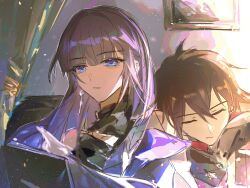 Rule 34 | 1boy, 1girl, adam (honkai impact), bare shoulders, blue eyes, blunt bangs, book, brown hair, chinese commentary, closed eyes, closed mouth, couple, dappled sunlight, earrings, hair between eyes, head on another&#039;s shoulder, head tilt, highres, honkai (series), honkai impact 3rd, indoors, jacket, jewelry, leaning on person, leaning to the side, long hair, looking at viewer, looking to the side, multicolored eyes, parted lips, purple hair, qieazhibingjiling, raiden mei, raiden mei (apho), shade, short hair, single earring, sitting, sunlight