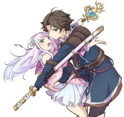 1boy 1girl atelier_(series) atelier_lulua belt blue_coat blue_gloves brown_hair christoph_aurel_arland coat commentary_request cowboy_shot elmerulia_frixell floating_hair gloves green_eyes holding holding_staff holding_sword holding_weapon hug jacket karasumi_(aiseec) katana long_hair long_sleeves looking_at_viewer open_mouth pink_jacket short_hair simple_background skirt staff standing sword weapon white_background white_skirt