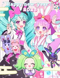 :d absurdres adapted_costume animal_ear_hairband animal_ears arm_up bent_v black_hairband blue_bow blue_hair blunt_bangs bow carron_(pretty_series) carron_(rabbit)_(pretty_series) chinese_zodiac closed_eyes commentary_request cowboy_shot drill_hair fake_animal_ears green_hair hair_bow hairband hand_up highres idol_land_pripara japanese_clothes katasumi_amari kimono kiratto_pri_chan long_hair long_sleeves looking_at_viewer manaka_non momokan_(mmkn100) new_year open_mouth outline pink_bow pink_eyes pretty_series pripara puffy_sleeves purple_eyes purple_hair rabbily_(kiratto_pri_chan) rabbit_ear_hairband rabbit_ears side_ponytail smile standing twin_drills twintails usacha usagi_(pripara) v very_long_hair waccha_primagi! white_kimono white_outline wide_sleeves year_of_the_rabbit