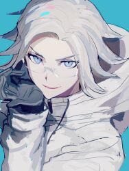 1boy aotsuki_eito black_gloves blue_background blue_eyes eyebrows glasses gloves hand_up hood hoodie looking_at_viewer male_focus open_mouth parted_lips simple_background smile solo solo_focus the_hundred_line_-last_defense_academy- white_hair zipper zipper_pull_tab