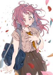 1girl bag blush bracelet brown_eyes brown_hair brown_pants brown_skirt checkered_clothes checkered_shirt clutching_chest collared_shirt embarrassed falling_petals floating_hair hair_over_one_eye heart heart-shaped_pupils highres himaro jewelry long_hair necktie nose_blush orange_necktie original pants petals pleated_skirt polka_dot_necktie red_hair school_bag shirt shirt_tucked_in short_sleeves simple_background skirt solo symbol-shaped_pupils white_background
