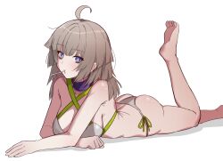 1girl aa-12_(girls&#039;_frontline) aa-12_(the_sun_never_rises)_(girls&#039;_frontline) absurdres ahoge ass back bags_under_eyes bare_arms bare_legs bare_shoulders barefoot bikini blue_eyes breasts bright_pupils brown_hair candy choker cleavage criss-cross_halter dated_commentary feet food girls&#039;_frontline halterneck highres leg_up legs lollipop lollipop_in_mouth looking_at_viewer loveu lying official_alternate_costume on_stomach purple_choker side-tie_bikini_bottom simple_background soles solo swimsuit toes white_background white_bikini white_pupils