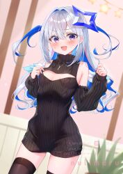 1girl amane_kanata amane_konata amane_konata_(cosplay) bare_shoulders black_sweater black_thighhighs blue_hair blurry blurry_background breasts cleavage cleavage_cutout clothing_cutout cosplay cowboy_shot grey_hair halo highres hololive indoors long_hair meme_attire multicolored_hair null_maru small_breasts solo star_halo streaked_hair sweater thighhighs two-tone_hair two_side_up virgin_killer_sweater virtual_youtuber